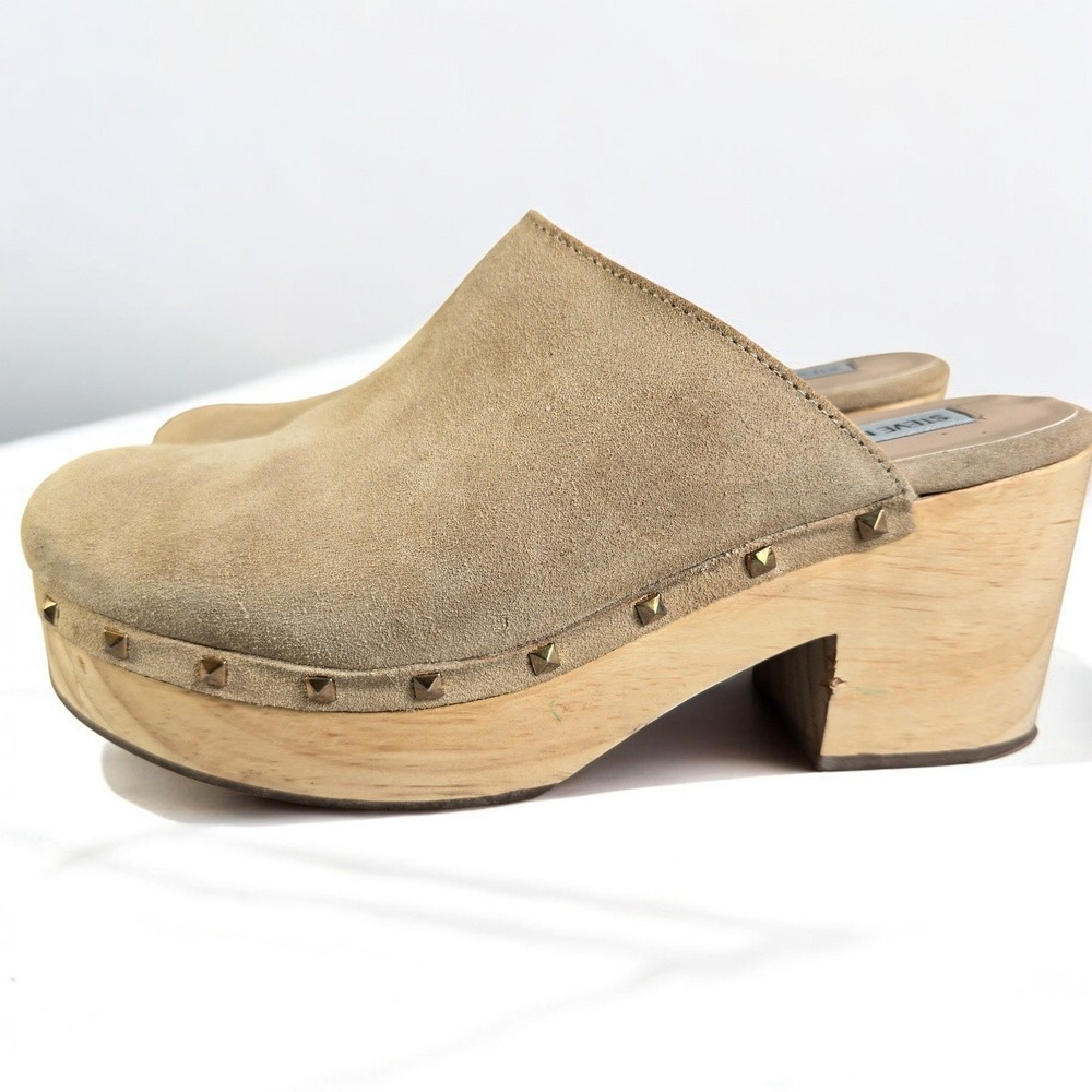 Steve‎ Madden Brooklyn Clog Platform Wood Heel Studded Tan Suede Mules Women 9M